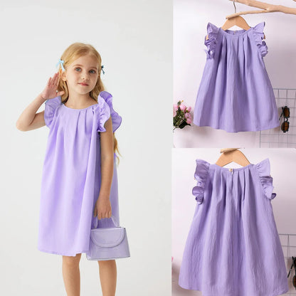 Summer Girls Dress Solid Color Sweet Children's Cute Clothes Draped Pleated Small Fly Sleeve Princess Dress Breathable