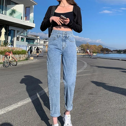 High Waist Splicing Design Straight Denim Jeans Women's Loose New Gray Fashion New Pants - Mozarto Enterprise