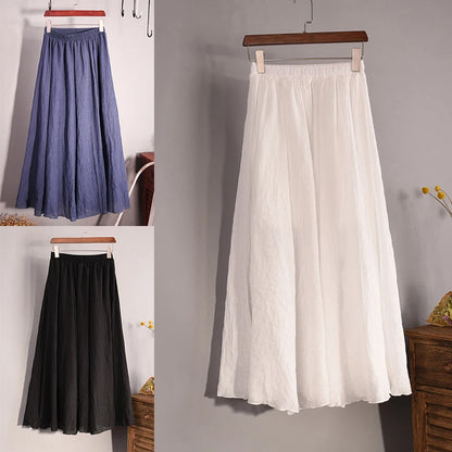 Vintage Solid Pleated Long Skirts Cotton Linen Maxi Skirt for Women Summer Elastic Waist  Girls Boho Beach Skirt A-Line Skirt - Mozarto Enterprise