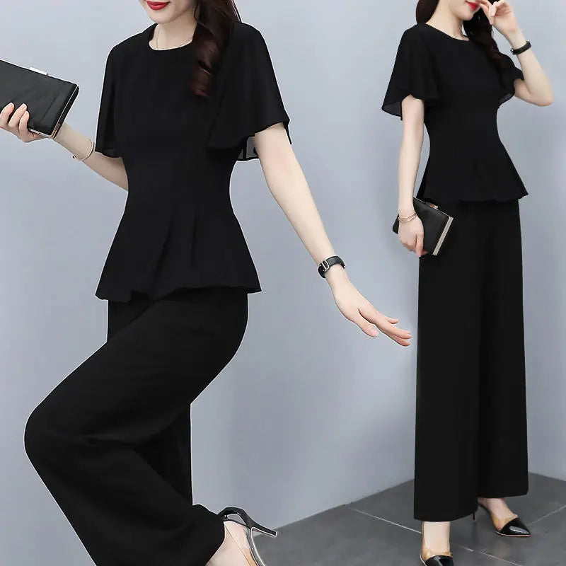 Summer New Fashion Women's Suit Black Thin Flying Sleeve Chiffon Shirt High Waist Wide Leg Pants Temperament Two-piece Set - Mozarto Enterprise