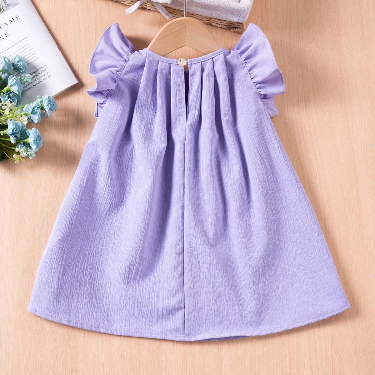 Summer Girls Dress Solid Color Sweet Children's Cute Clothes Draped Pleated Small Fly Sleeve Princess Dress Breathable