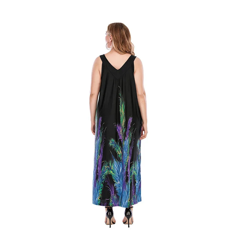 Women's plus size clothing weighing 200 pounds, chubby mm, can wear a loose V-neck dress with black feathers for women