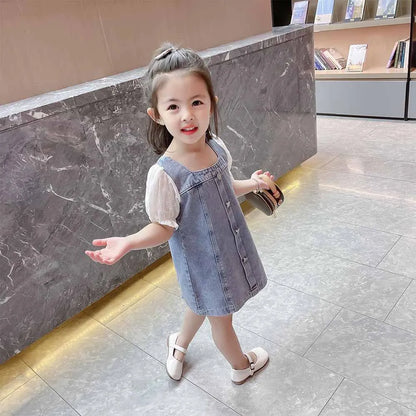 Summer Girls Fashion Denim Dress Baby Girls Puffed Sleeve Square Collar Pure Cotton Clothes Kids Cute Princess Dress