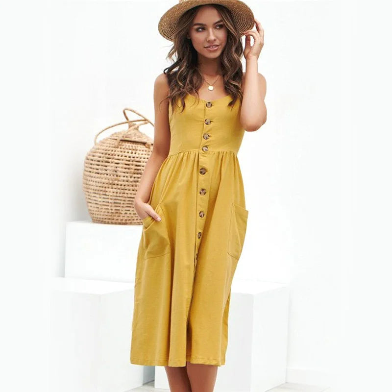 Beach Printing Suspenders Summer Midi Dress