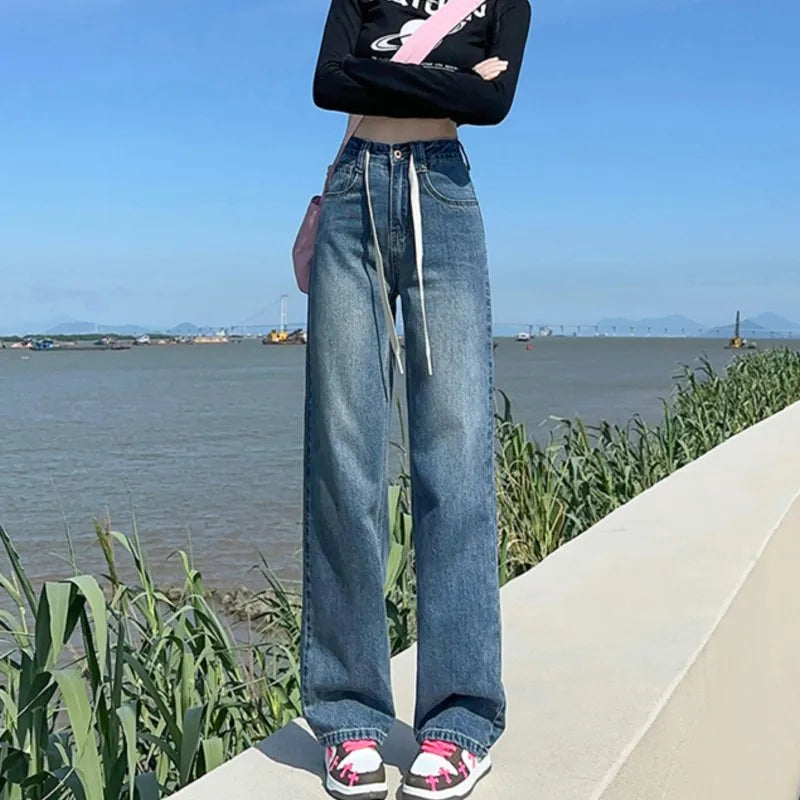 Denim Jeans Women Wash Drawstring Korean Loose Wide Leg Drop Straight Long Ladies Pants Trend Brand Trousers Dropship - Mozarto Enterprise