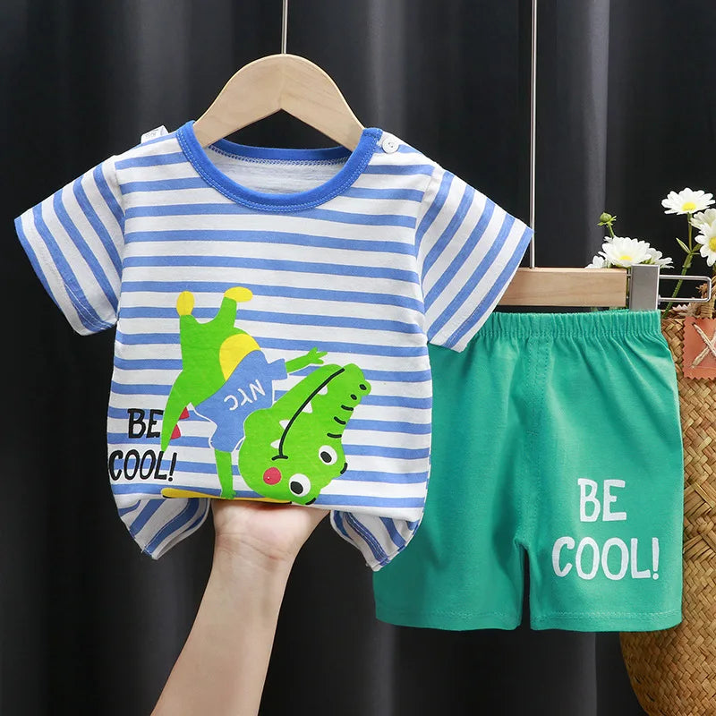 Summer New Kids Casual Pajamas Cute Cartoon Print Short Sleeve T-Shirt Tops with Shorts Toddler Baby Boys Girls Clothing Sets