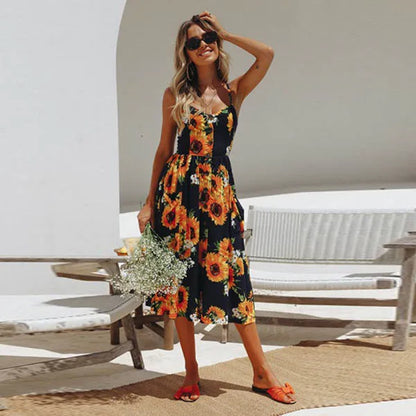 Beach Printing Suspenders Summer Midi Dress