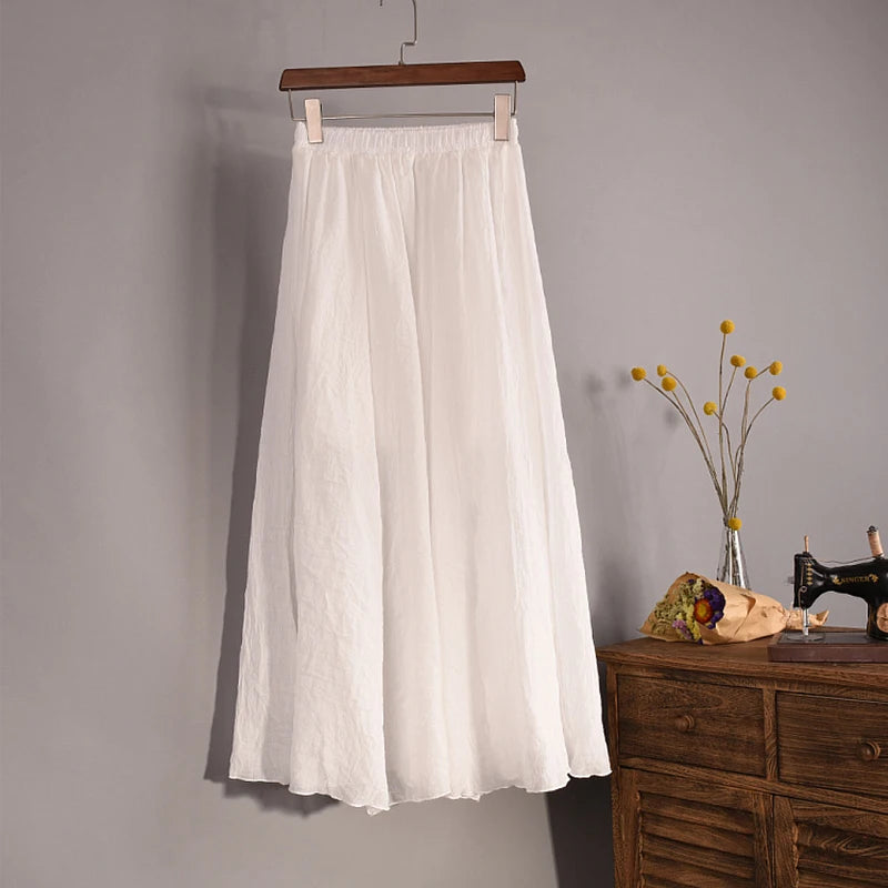 Vintage Solid Pleated Long Skirts Cotton Linen Maxi Skirt for Women Summer Elastic Waist  Girls Boho Beach Skirt A-Line Skirt - Mozarto Enterprise