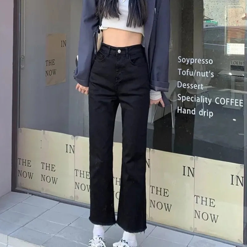 Black High-Waisted Female Denim Jeans Newly Stretched  All Match Classic Pants Straight Raw Edge Women Classic Pants - Mozarto Enterprise