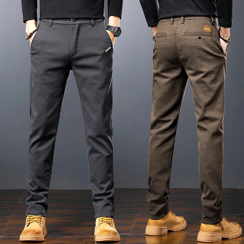 Spring Men's Slim Casual Pants Business Straight Twill Cotton Elastic Trousers Brand Fashion Korean Clothing Coffee Black Gray - Mozarto Enterprise