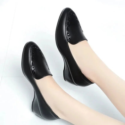 Women Fashion Light Weight Wedge Heel Comfort Spring & Autumn Shoes Lady Casual Sweet Home & Outside Black Leather Pumps E1419 - Mozarto Enterprise