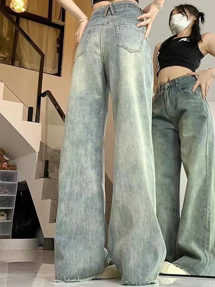 Women American Retro High Waist Loose Flare Jeans Lady Designer Baggy Wide Leg Pants Korean Version Raw Edge Denim Blue Trousers - Mozarto Enterprise