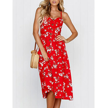 Beach Printing Suspenders Summer Midi Dress