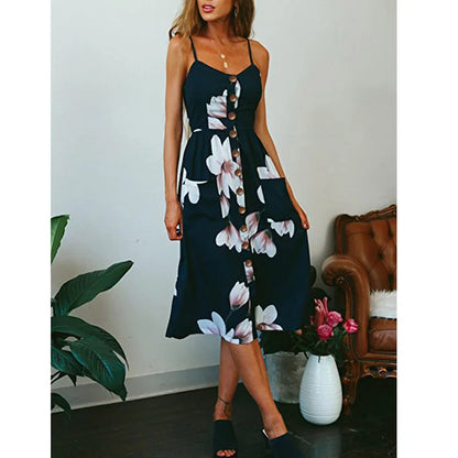 Beach Printing Suspenders Summer Midi Dress