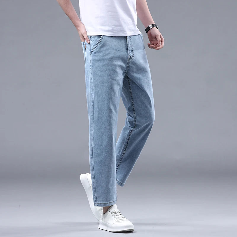 New Summer 95% Cotton Straight Thin Jeans for Men Classic Style Stretch Soft Fabric Light Blue Denim Ankle-Length Pants Male - Mozarto Enterprise