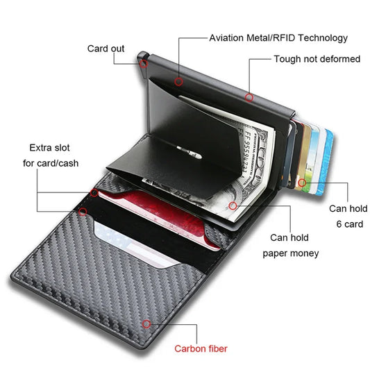 ID Card Holder Men Wallets Rfid Black Carbon Fiber Leather Minimalist Man's Purse Gifts for Men Personalized Carteira Masculina - Mozarto Enterprise