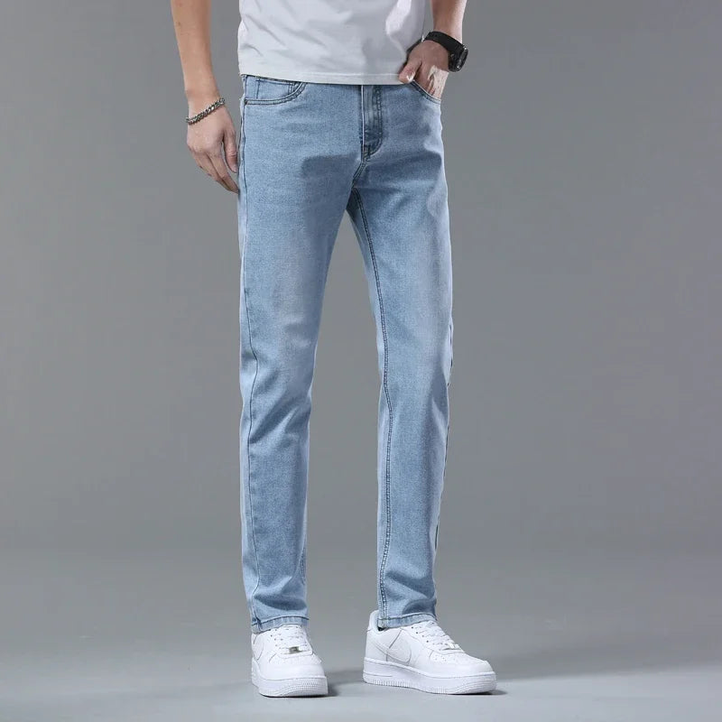 Fashion Korean Light Blue Slim Jeans Men Spring New Classic Regular Stretch Trousers Casual Soft Cotton Denim Trousers Male - Mozarto Enterprise