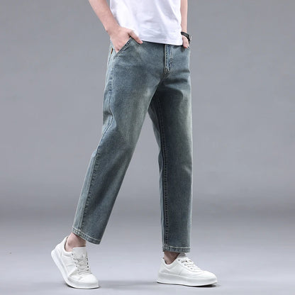 New Summer 95% Cotton Straight Thin Jeans for Men Classic Style Stretch Soft Fabric Light Blue Denim Ankle-Length Pants Male - Mozarto Enterprise