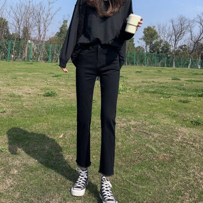 Black High-Waisted Female Denim Jeans Newly Stretched  All Match Classic Pants Straight Raw Edge Women Classic Pants - Mozarto Enterprise