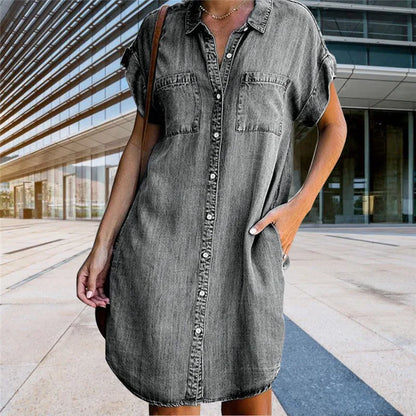 Women Denim Shirt Dresses Short Sleeve Distressed Jean Dress Button Down Casual Tunic Top - Mozarto Enterprise