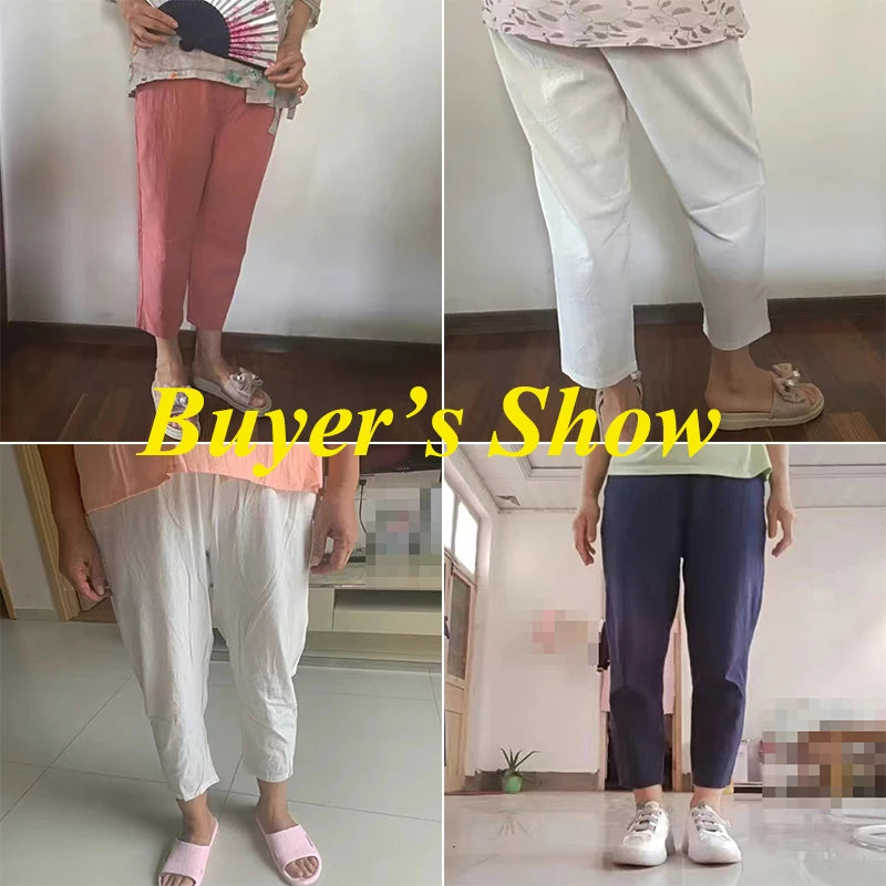 Rimocy 2024 Summer Casual Cotton Linen Pants Women Retro Pockets Loose Harem Pants Woman Solid Elastic Waist Trousers Female - Mozarto Enterprise