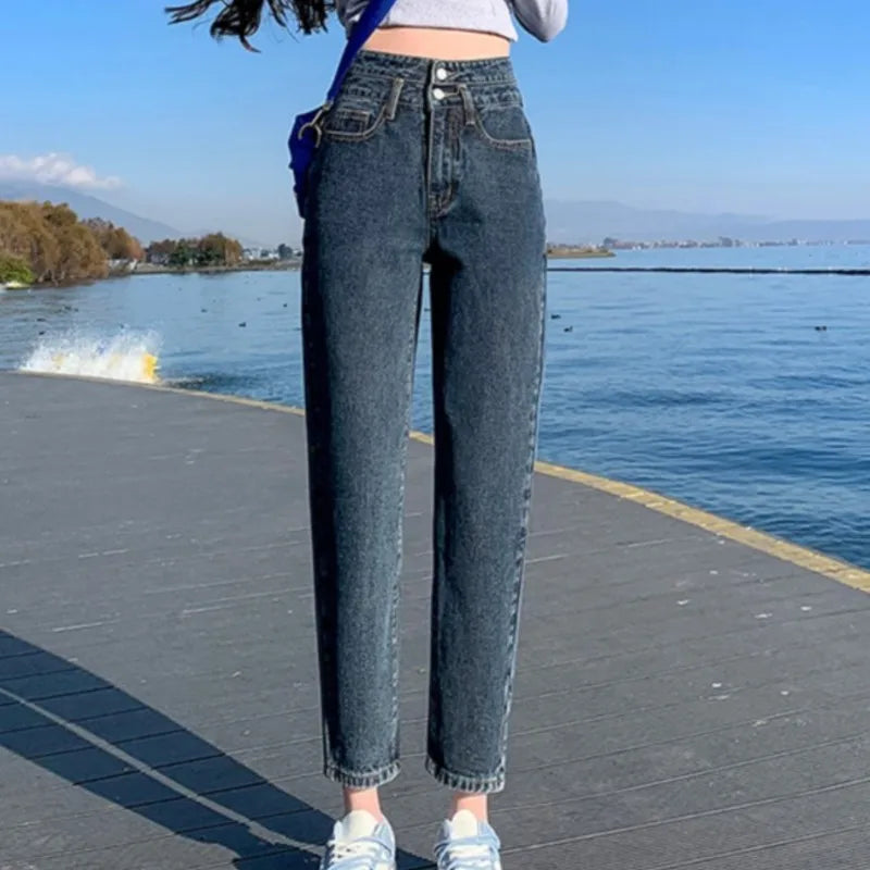 High Waist Splicing Design Straight Denim Jeans Women's Loose New Gray Fashion New Pants - Mozarto Enterprise