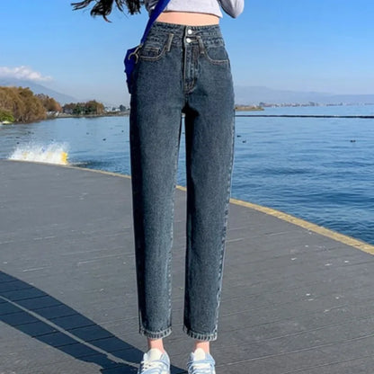 High Waist Splicing Design Straight Denim Jeans Women's Loose New Gray Fashion New Pants - Mozarto Enterprise