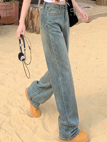 Female High Waist Loose Wide Leg Jeans Lady Non Strech Straight Leg Pants Girls White Light Blue Deep Blue Korean Denim Trousers - Mozarto Enterprise