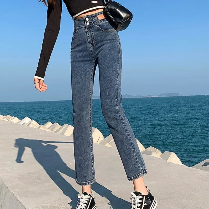 New Arrival Women Jeans High Waisted Elastic Female Jeans Double Straight Slimming Buckle Ninth Point Korean Smoke Pipe Pants - Mozarto Enterprise