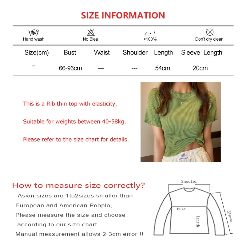 Women Y2K O-Neck Solid Casual T-shirts Slim Knit Short Sleeve Office Pullover Shirts Streetwear Rib Crop Tops Women 2024 Summer