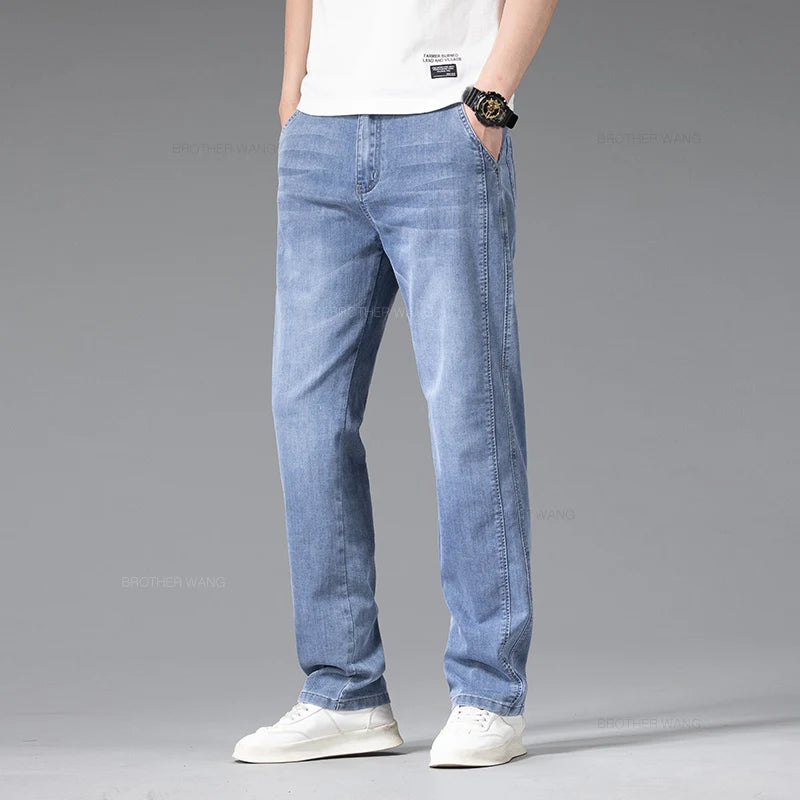 Summer Thin Jeans Men's Loose Straight Pants Fashion Elastic Waist Stretch Cotton Business Casual Denim Trousers Light Blue - Mozarto Enterprise