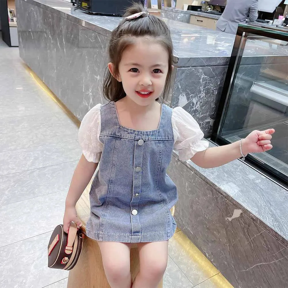 Summer Girls Fashion Denim Dress Baby Girls Puffed Sleeve Square Collar Pure Cotton Clothes Kids Cute Princess Dress