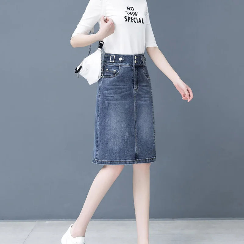 Biyaby Split Jean A-Line Skirt Woman 2023 Summer High Waist Double Buttons Blue Midi Skirts for Women Korean Office Denim Skirt - Mozarto Enterprise