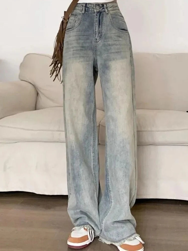 Women American Retro High Waist Loose Flare Jeans Lady Designer Baggy Wide Leg Pants Korean Version Raw Edge Denim Blue Trousers - Mozarto Enterprise