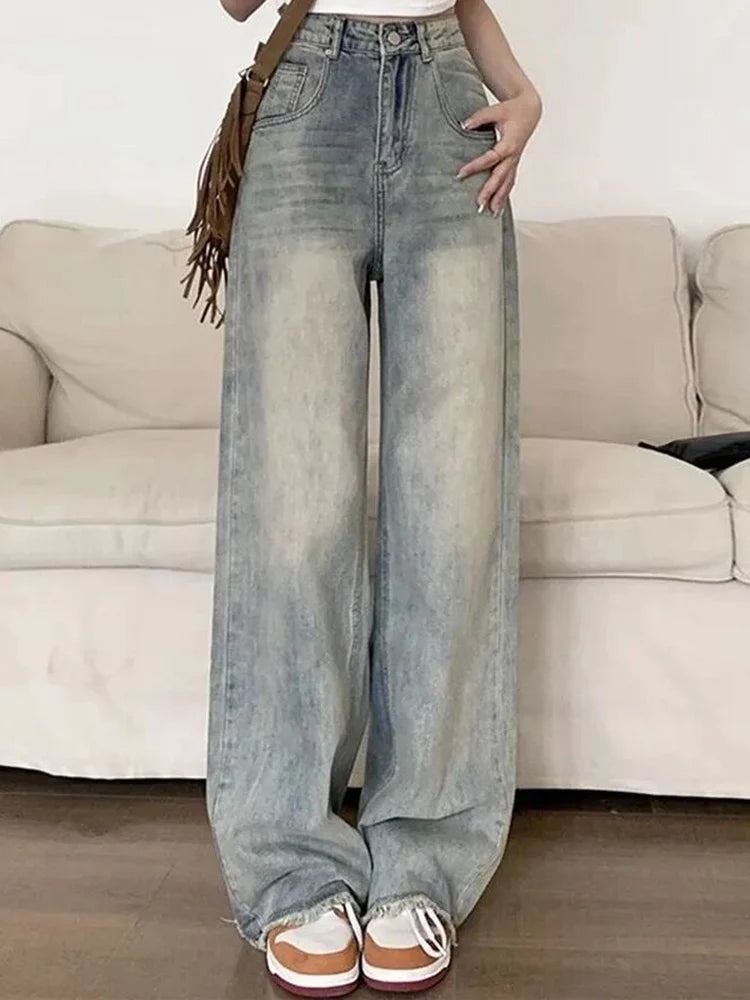 Women American Retro High Waist Loose Flare Jeans Lady Designer Baggy Wide Leg Pants Korean Version Raw Edge Denim Blue Trousers - Mozarto Enterprise