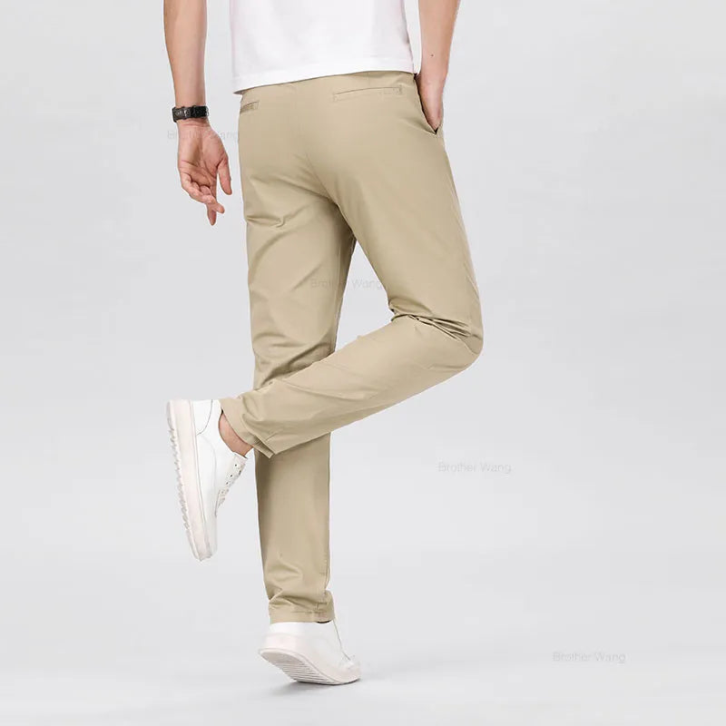 Pure Cotton Men's Elastic Casual Pants Classic Solid Color Business Straight Four-season Trousers Brand Clothes Black Khaki Gray - Mozarto Enterprise