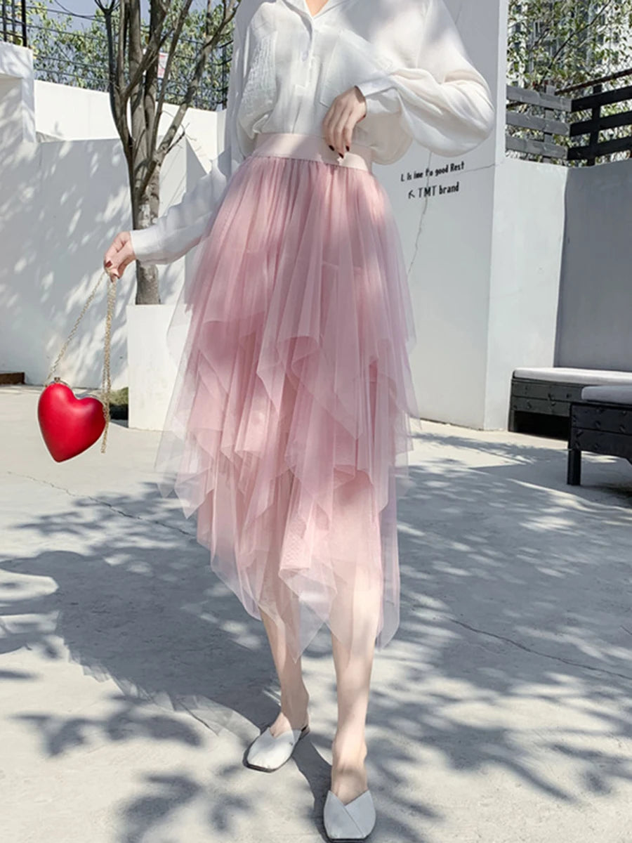 Women Tutu Tulle Skirt Elegant High Waist Mesh Tiered Layered Half Skirt Female Prom Party Midi Skirt for Summer Fairycore Y2K - Mozarto Enterprise