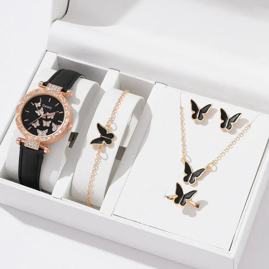 Women's Butterfly Watch Ring Necklace Bracelet Set