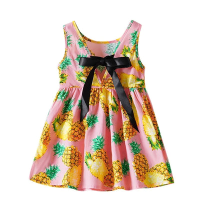 Summer Autumn Girls Dress Children V-Neck Sleeveless Korean Printed Pineapple Vest Dresses Baby Bow Sweet Costume For 9M-6Y