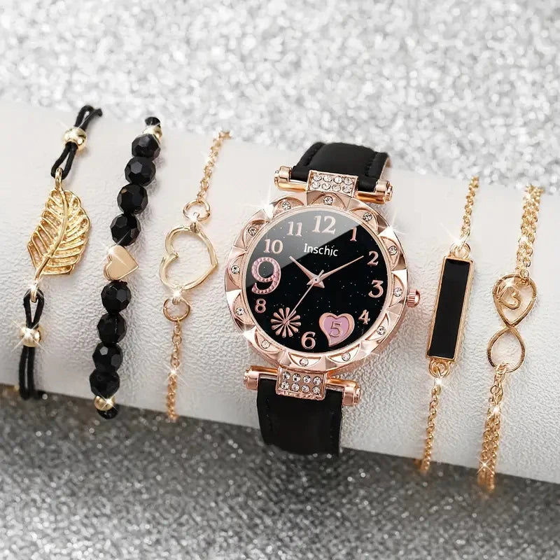 6pcs Women's Flower Quartz Watch & Bracelets Set