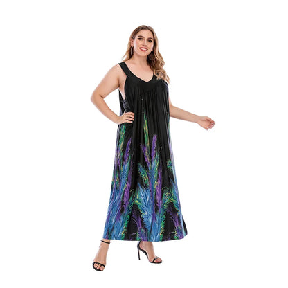 Women's plus size clothing weighing 200 pounds, chubby mm, can wear a loose V-neck dress with black feathers for women