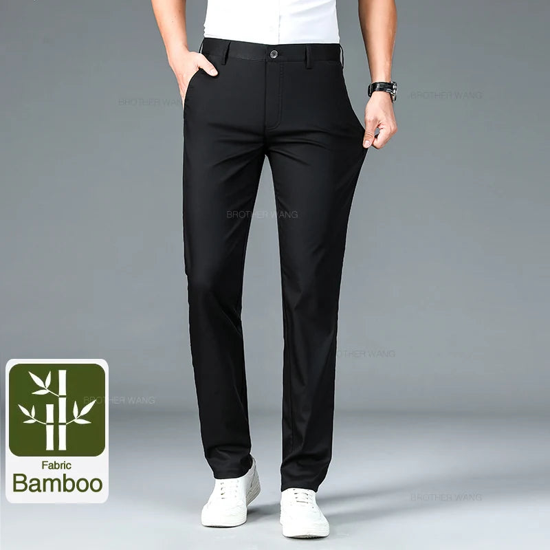 Bamboo Fiber Fabric Men's Casual Pants Summer New Ultra-thin Elastic Soft Straight Business Trousers Classic Black Khaki Gray - Mozarto Enterprise