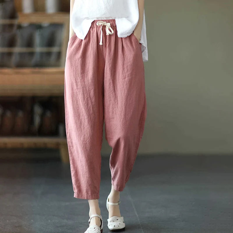 Rimocy 2024 Summer Casual Cotton Linen Pants Women Retro Pockets Loose Harem Pants Woman Solid Elastic Waist Trousers Female - Mozarto Enterprise