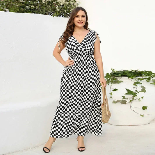 High-End Plus Size Checkered V-Neck Dress