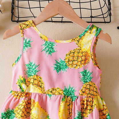 Summer Autumn Girls Dress Children V-Neck Sleeveless Korean Printed Pineapple Vest Dresses Baby Bow Sweet Costume For 9M-6Y