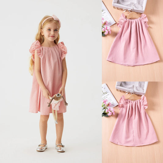 Summer Girls Dresses 0-6Y Cute Sweet Children's Solid Color Clothes Small Fly Sleeve Princess Dress Comfortable and Breathable