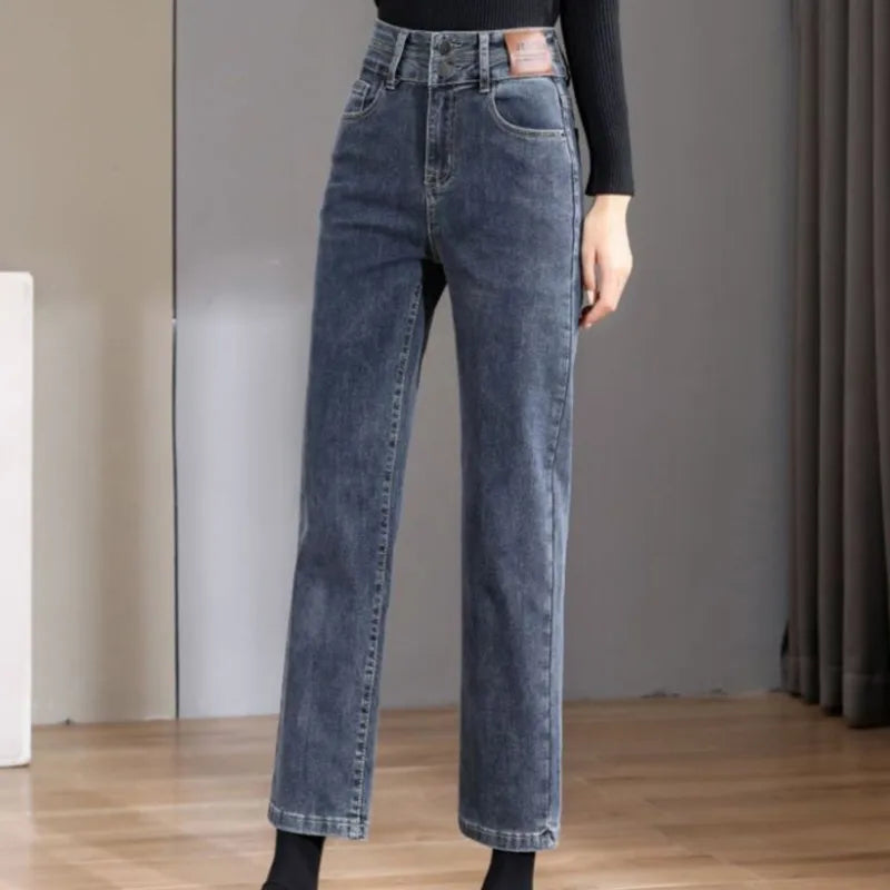 New Arrivals Women's Jeans High Waist Elastic Brand Long Pants Female Brand Regular Fit Double Button Denim Trousers - Mozarto Enterprise