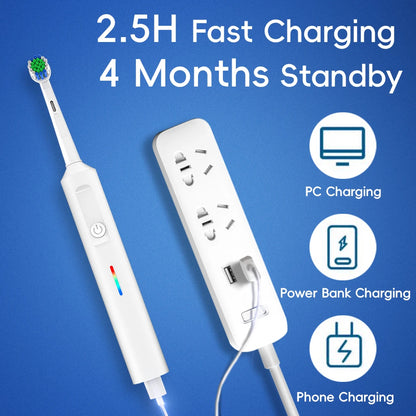 Rotating Electric Toothbrush, 3 Modes USB Fast Rechargeable Rotary Electric Toothbrush with Timer, Travel Case and 2 Brush Heads