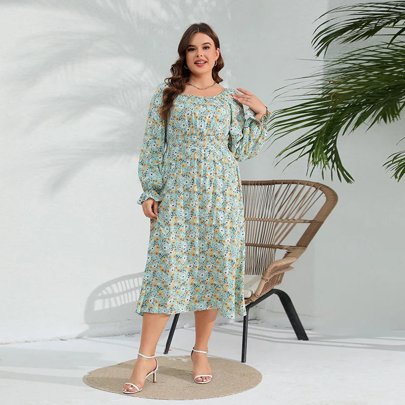 Spring New Elegant Fragmented Flower Dress with Lotus Leaf Sleeves, Plus Size Fat Sister Long Dress