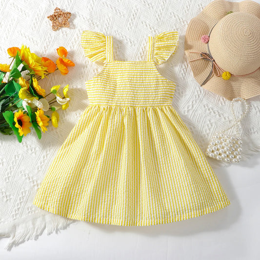 Summer girls cute and fashionable double-sided wrinkled yellow striped suspender casual dress